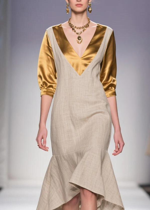 Classy V Neck Asymmetrical Patchwork Linen Silk Dress Summer - Image 2