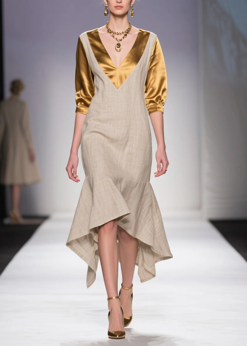 Classy V Neck Asymmetrical Patchwork Linen Silk Dress Summer - Image 3