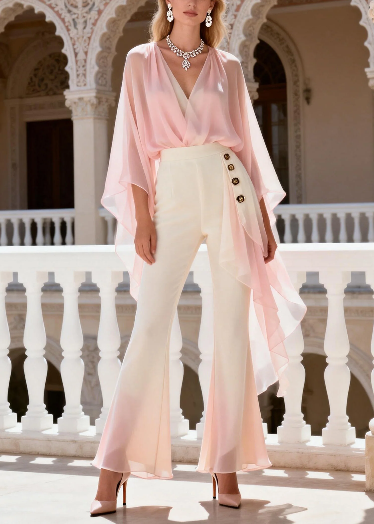 Classy V Neck Chiffon Top And Flared Trousers Spring - Image 3