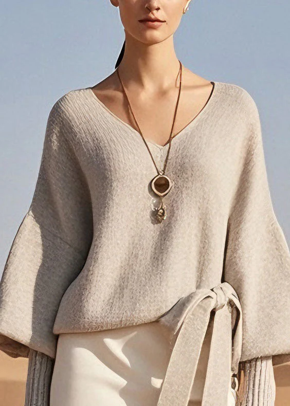 Classy V Neck Lace Up Knit Short Sweater Top Spring - Image 2