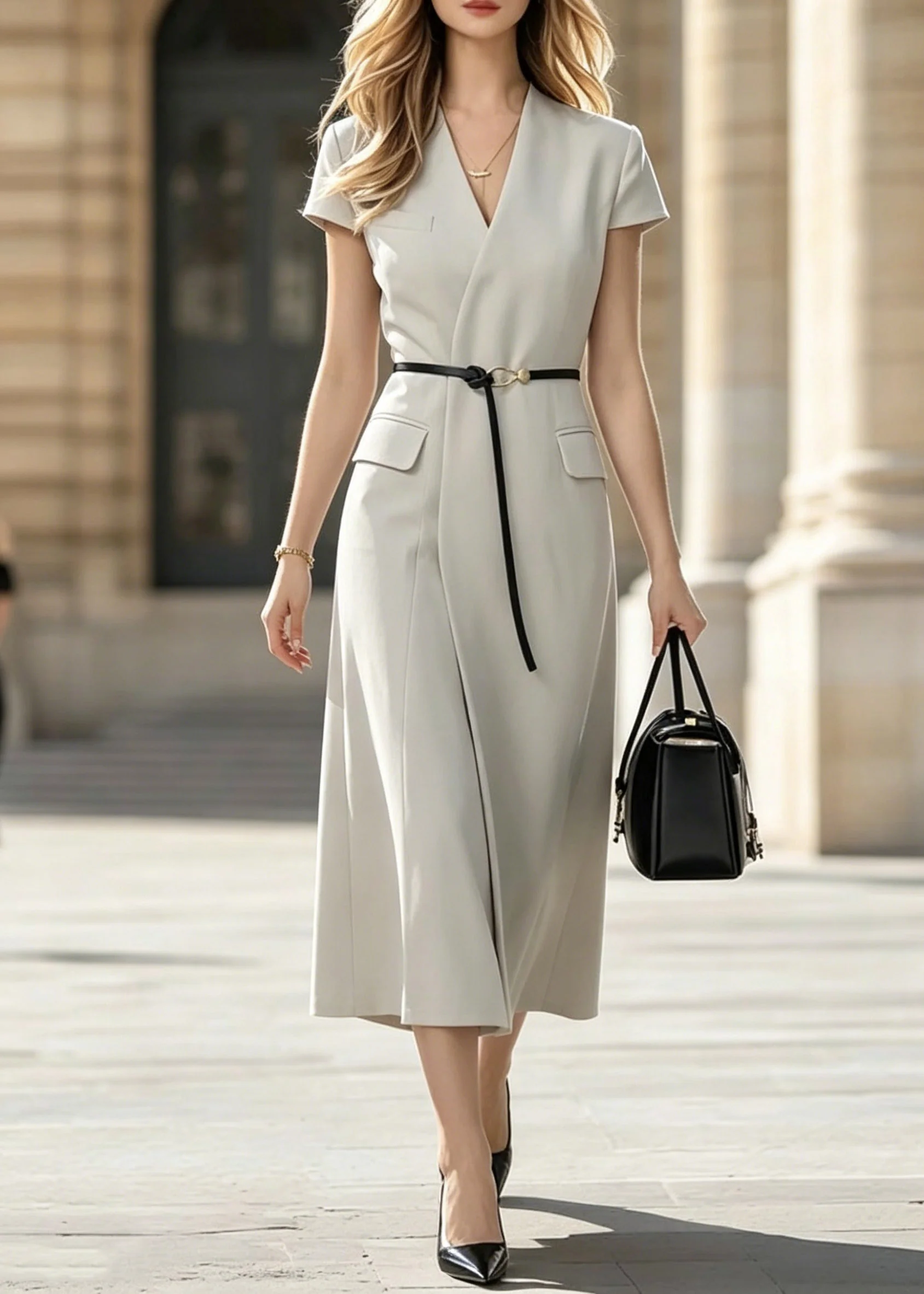 Classy V Neck Patchwork Sashes Maxi Dress Short Sleeve - Image 3
