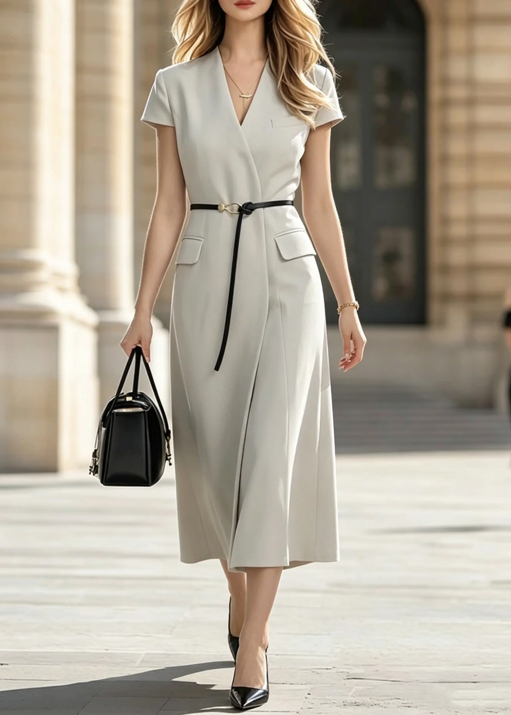 Classy V Neck Patchwork Sashes Maxi Dress Short Sleeve - Image 5