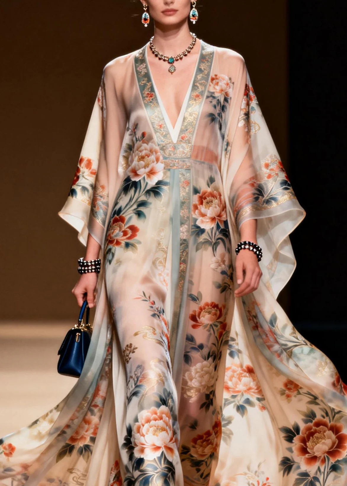Classy V Neck Print Chiffon Long Dress Spring - Image 2