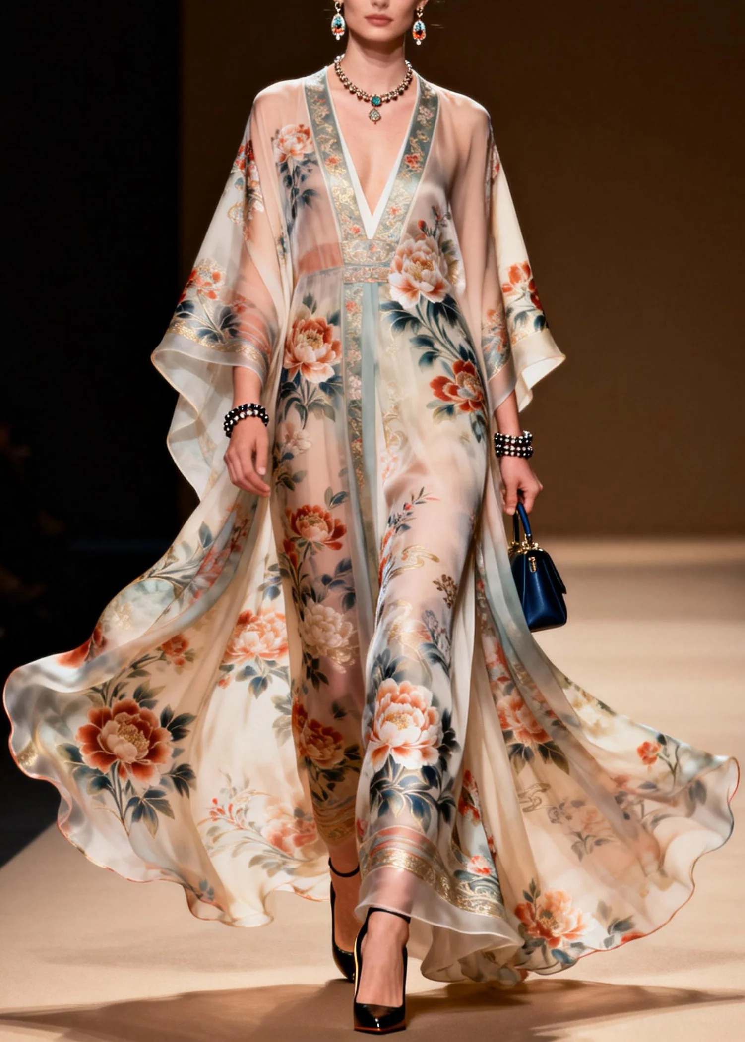 Classy V Neck Print Chiffon Long Dress Spring - Image 3