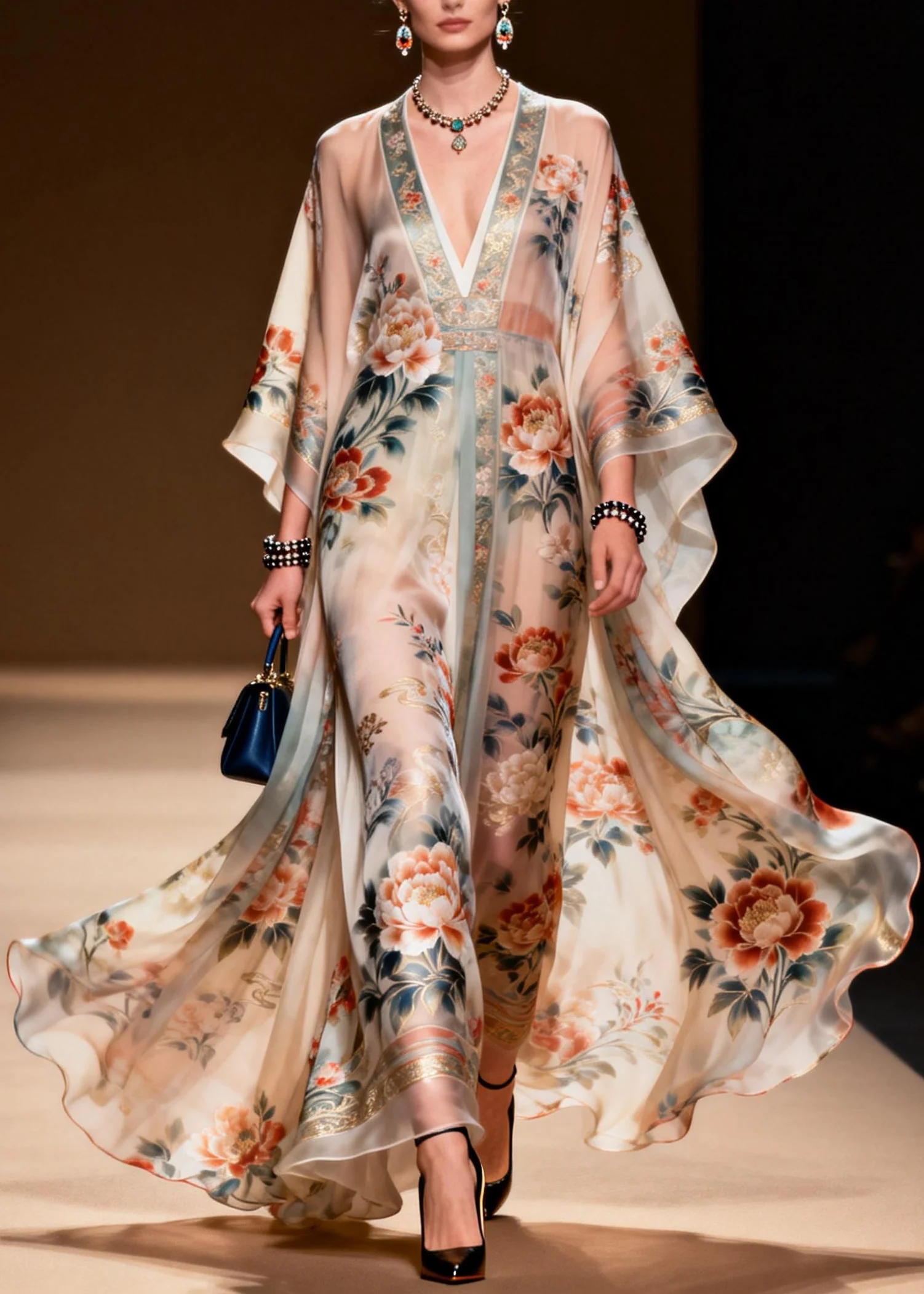 Classy V Neck Print Chiffon Long Dress Spring - Image 5
