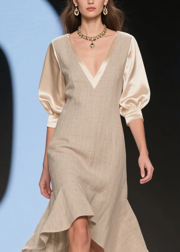 Classy V Neck Ruffled Patchwork Linen Silk Dress Summer - Image 2