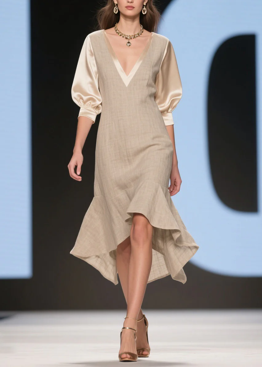 Classy V Neck Ruffled Patchwork Linen Silk Dress Summer - Image 3