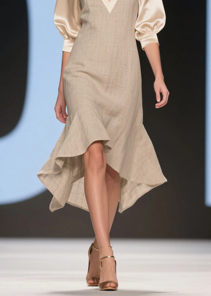 Classy V Neck Ruffled Patchwork Linen Silk Dress Summer - Image 4