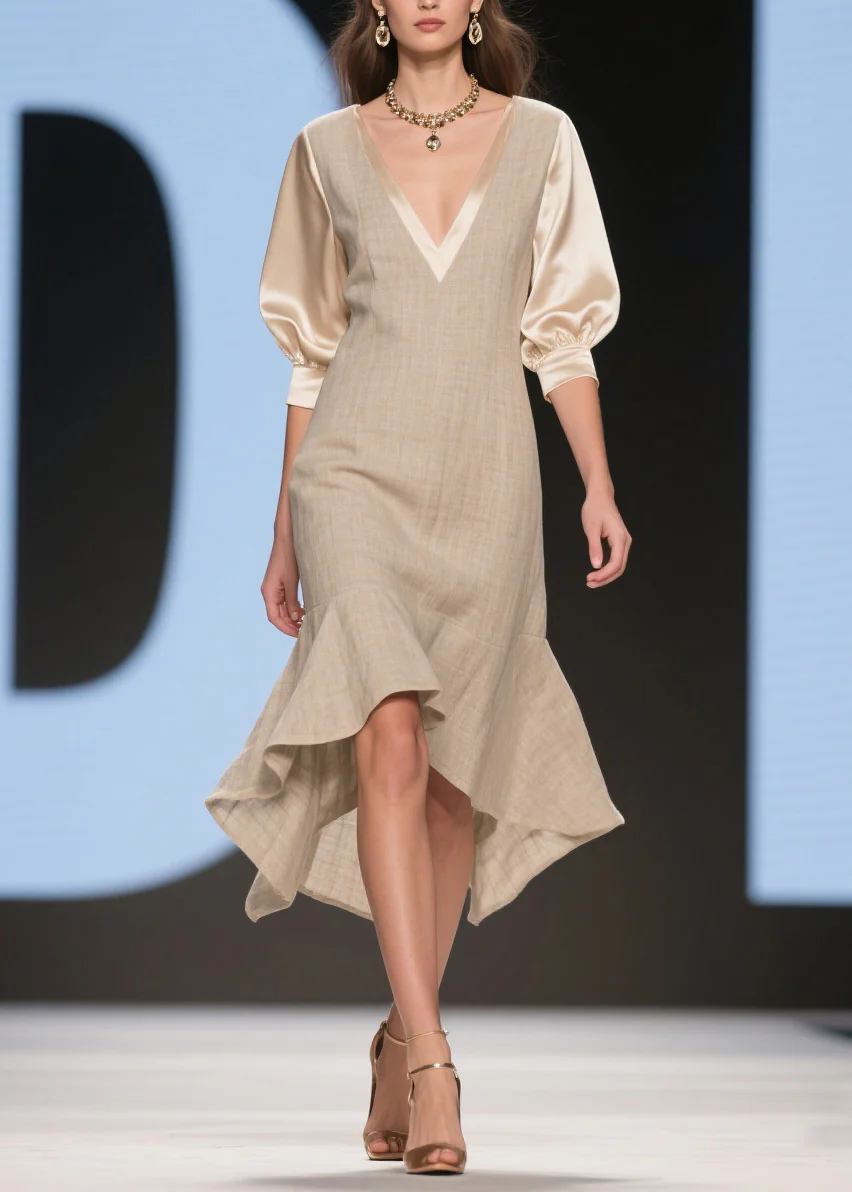 Classy V Neck Ruffled Patchwork Linen Silk Dress Summer - Image 5