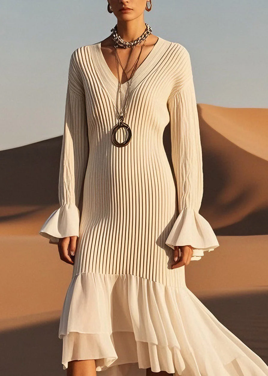 Classy V Neck Wrinkled Patchwork Knit Sweater Dress Spring - Image 2