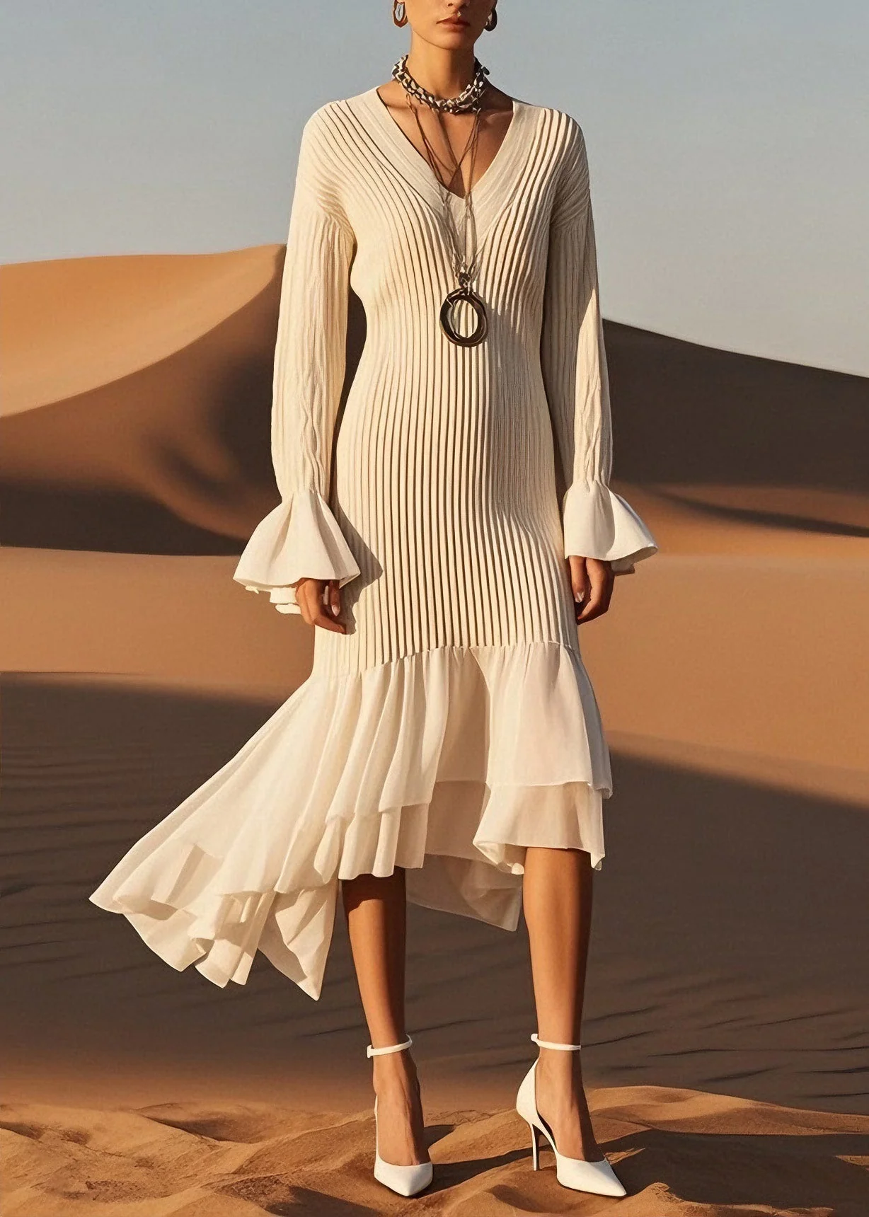 Classy V Neck Wrinkled Patchwork Knit Sweater Dress Spring - Image 3