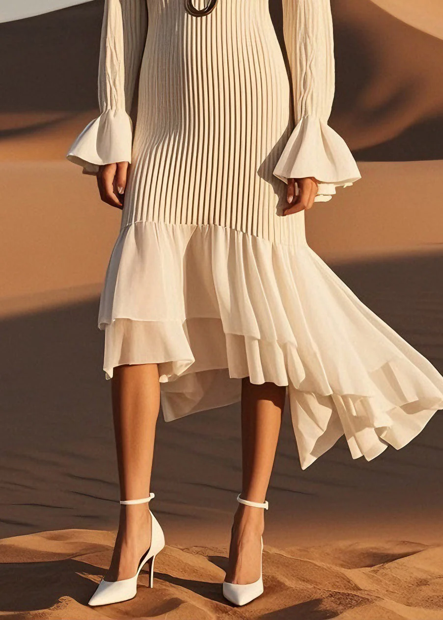 Classy V Neck Wrinkled Patchwork Knit Sweater Dress Spring - Image 4