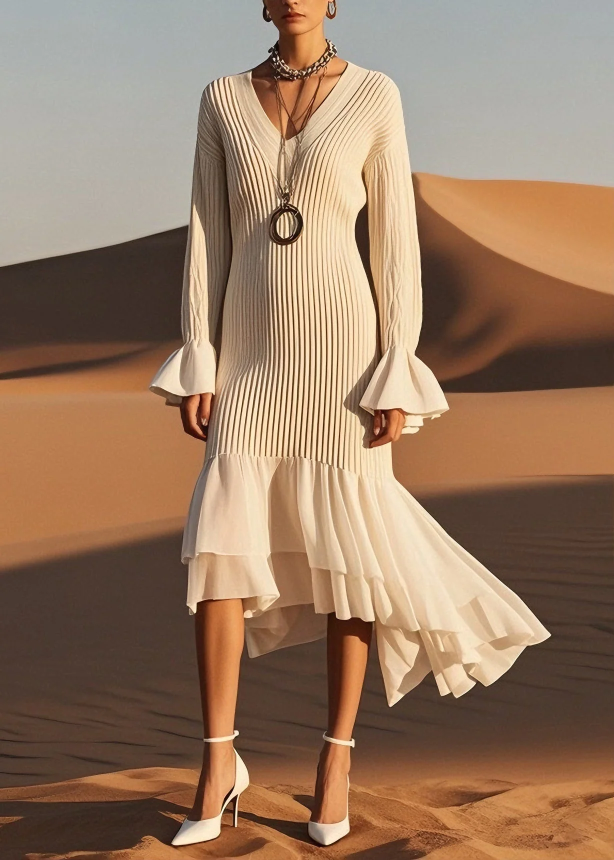 Classy V Neck Wrinkled Patchwork Knit Sweater Dress Spring - Image 5