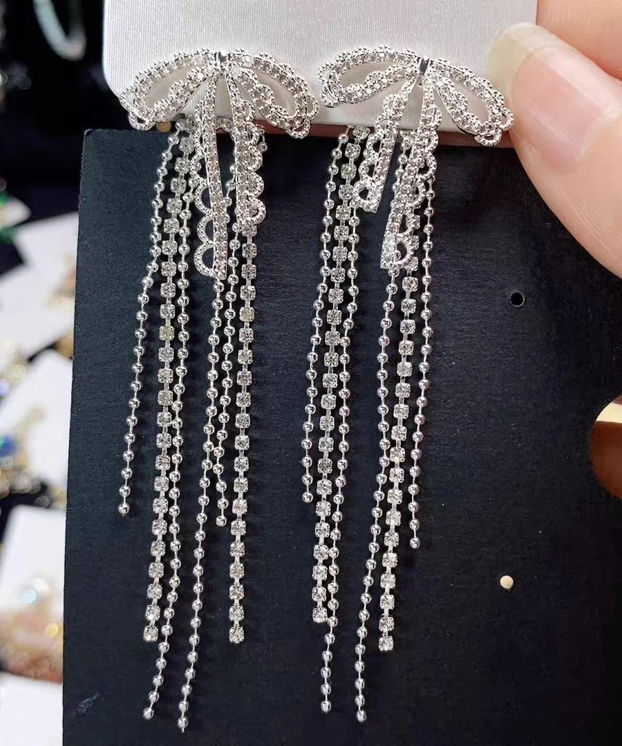 Classy White Alloy Lace Bow Tassel Drop Earrings - Image 3