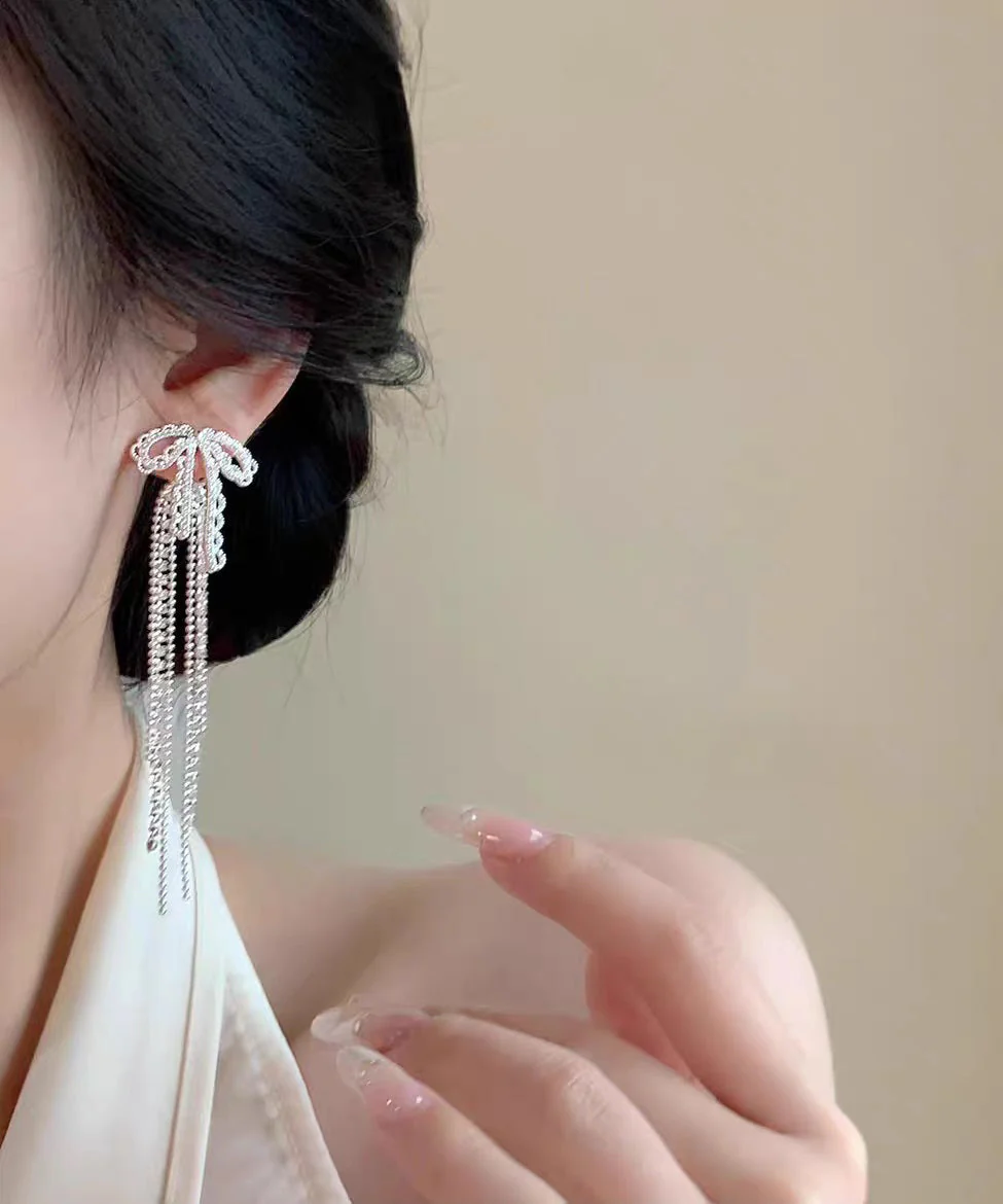 Classy White Alloy Lace Bow Tassel Drop Earrings - Image 4