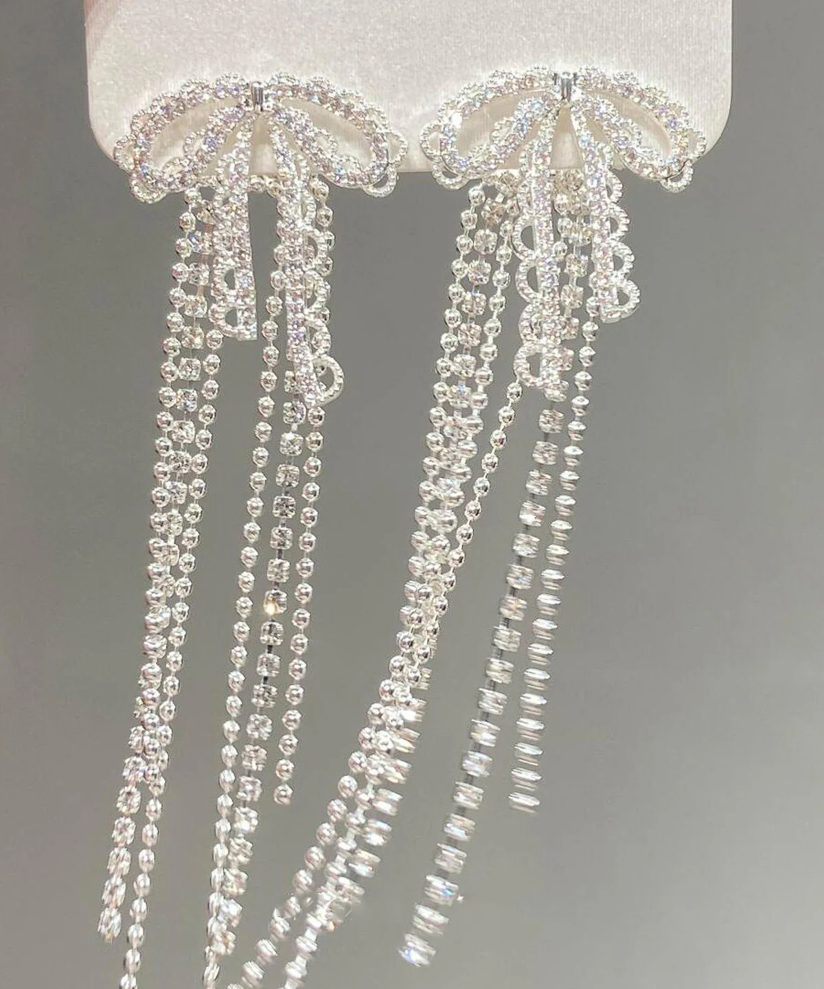 Classy White Alloy Lace Bow Tassel Drop Earrings - Image 5