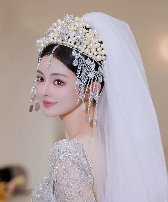 Classy White Alloy Zircon Pearl Tassel HairPiece - Image 5