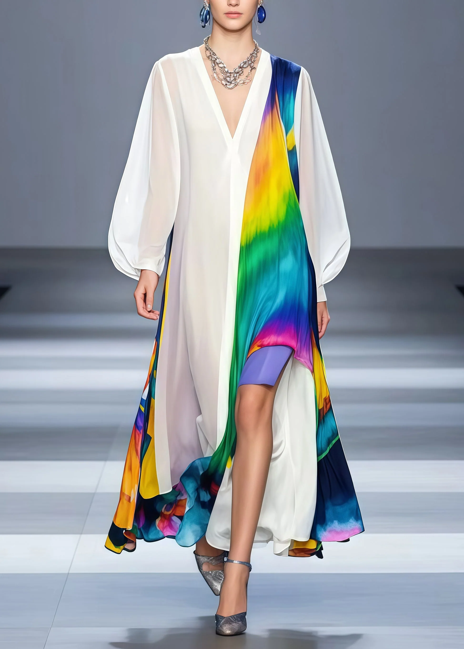 Classy White Asymmetrical Patchwork Tie Dye Chiffon Long Dress Spring - Image 3