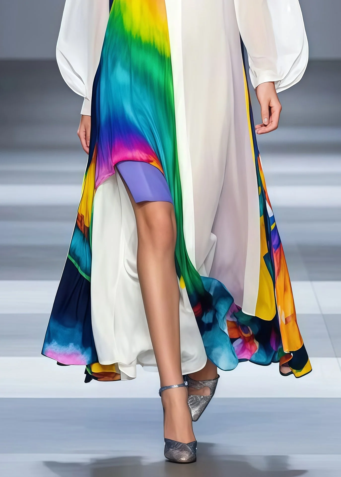 Classy White Asymmetrical Patchwork Tie Dye Chiffon Long Dress Spring - Image 4