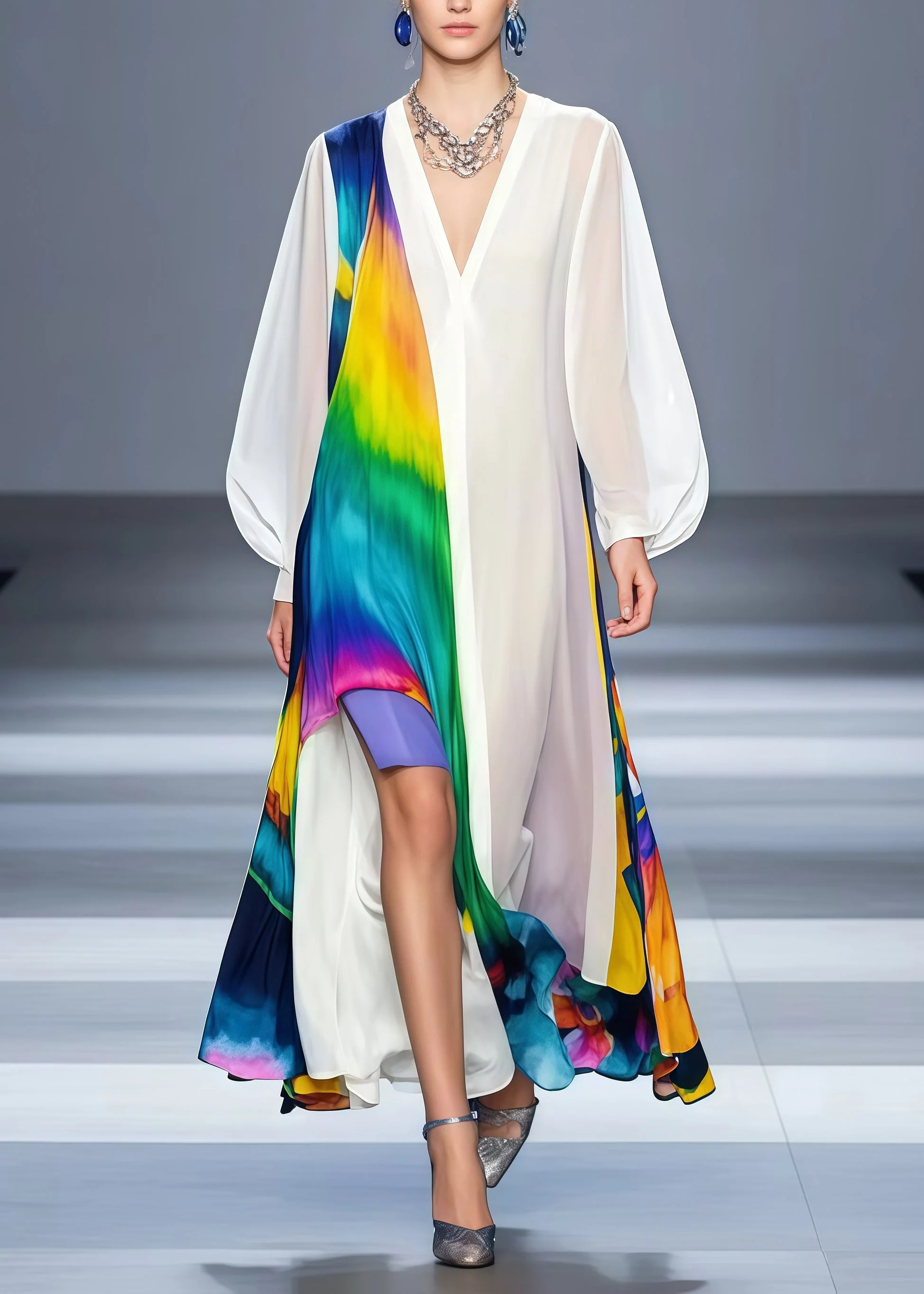Classy White Asymmetrical Patchwork Tie Dye Chiffon Long Dress Spring - Image 5
