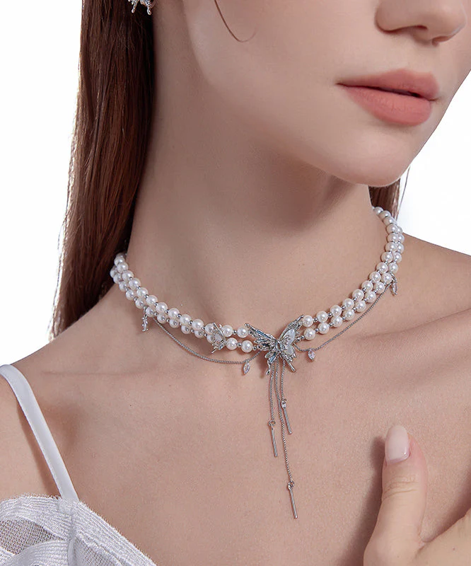 Classy White Copper Alloy Pearl Butterfly Princess Necklace - Image 2