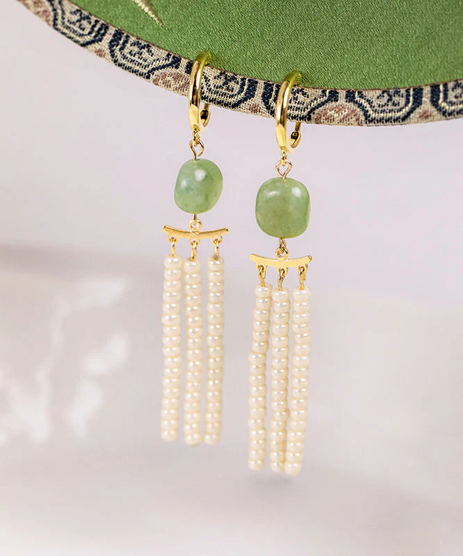 Classy White Copper Overgild Jade Beads Tassel Drop Earrings