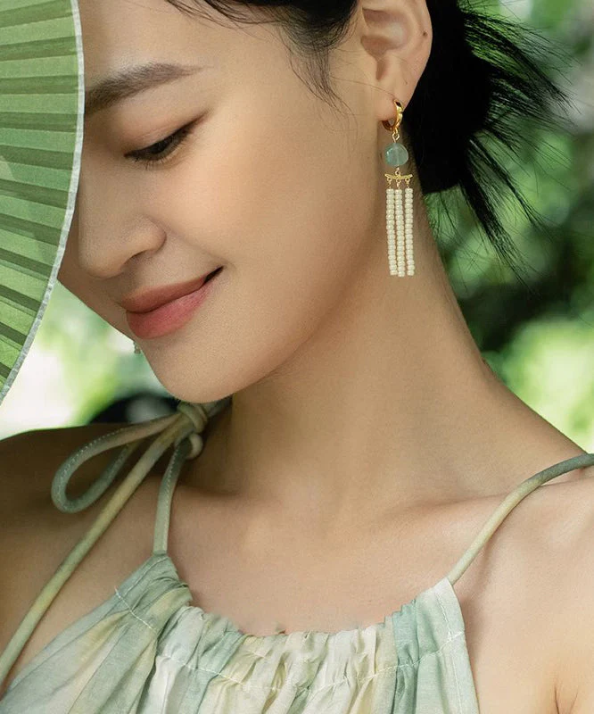 Classy White Copper Overgild Jade Beads Tassel Drop Earrings - Image 2