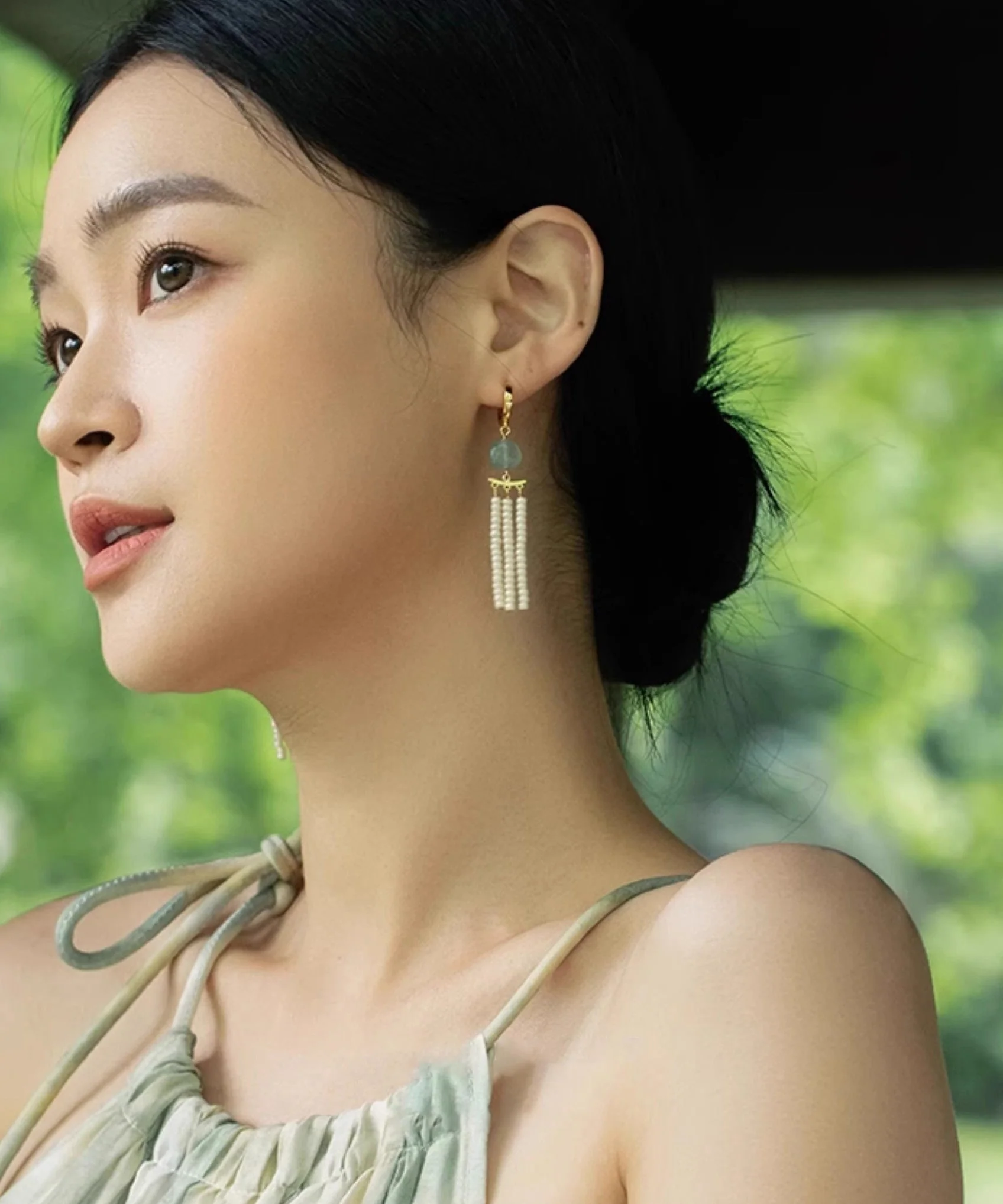 Classy White Copper Overgild Jade Beads Tassel Drop Earrings - Image 3