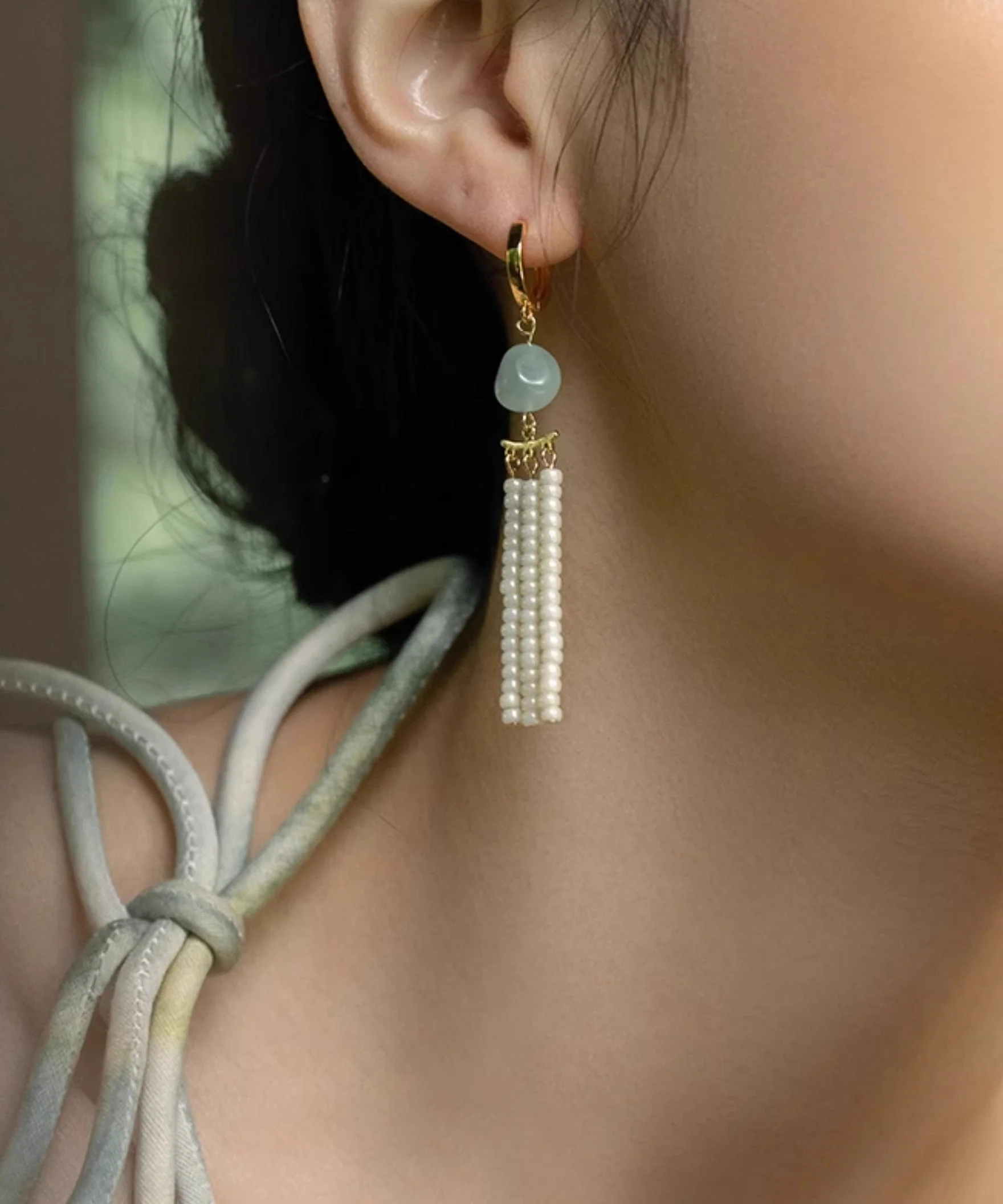 Classy White Copper Overgild Jade Beads Tassel Drop Earrings - Image 4