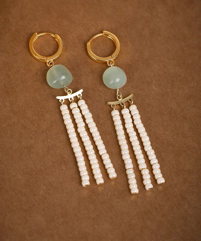 Classy White Copper Overgild Jade Beads Tassel Drop Earrings - Image 5