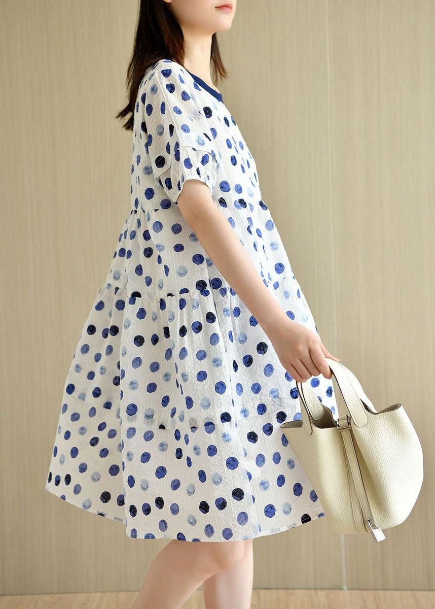 Classy White Dot Print Summer Cotton Dress Short Sleeve - Image 2