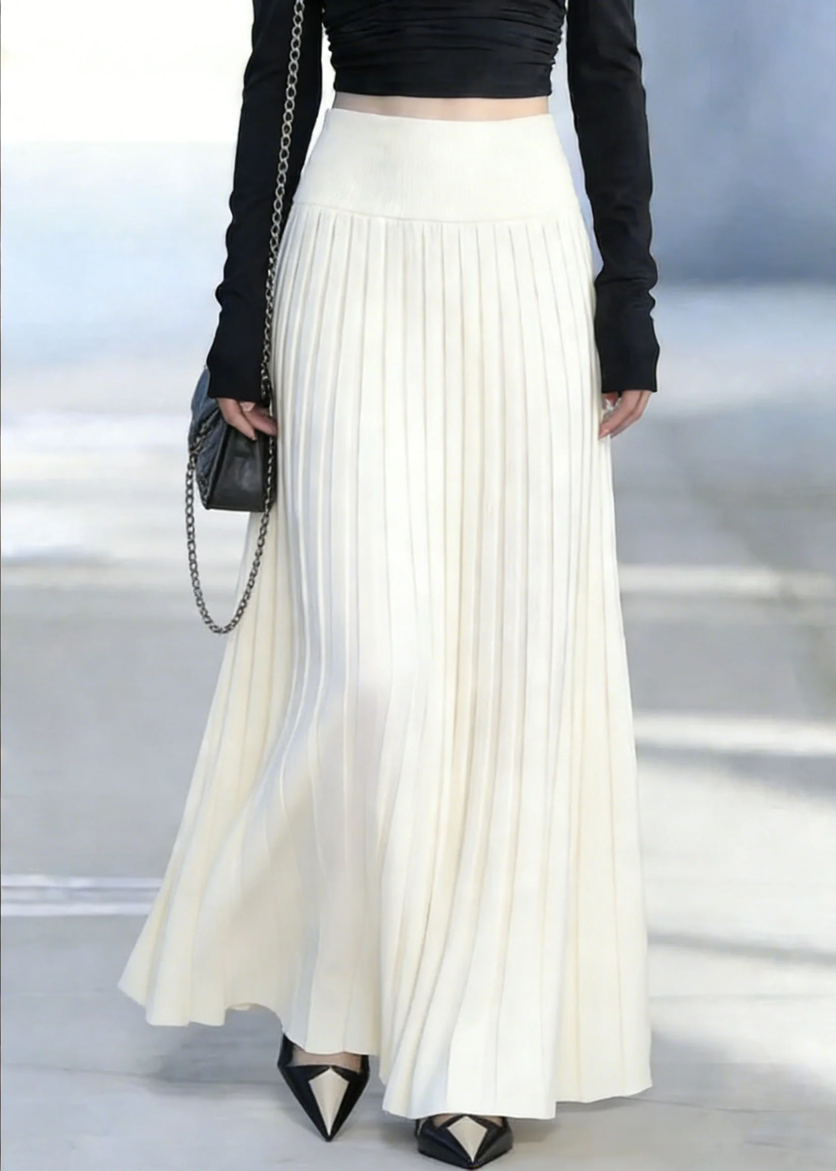 Classy White Elastic Waist Silk Knit Maxi Skirt - Image 5
