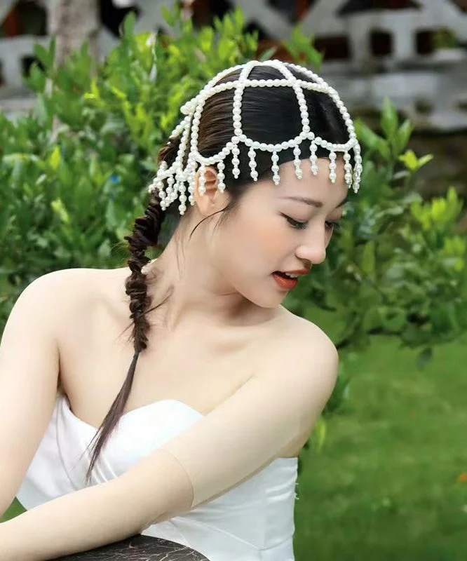 Classy White Hollow Out Pearl Tassel HairPiece And Stud Earrings Two-Piece Set - Image 4