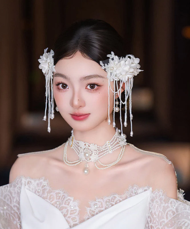 Classy White Lace Lily Of The Valley Pearl Tassel A Pair Hairpin - Image 2
