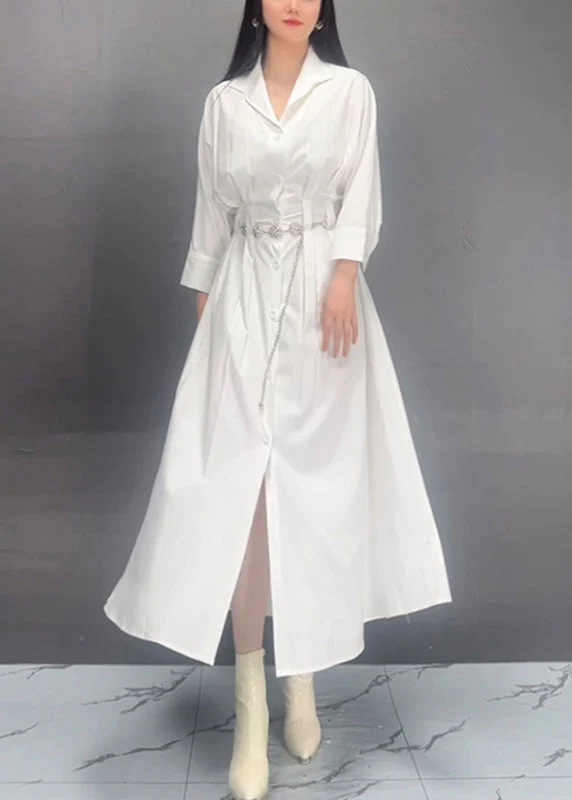 Classy White Notched Button Tunic Vacation Long Dresses Spring - Image 3