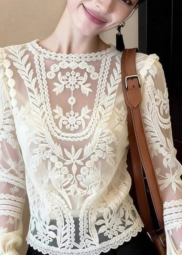 Classy White O-Neck Hollow Out Lace Shirt Spring - Image 2
