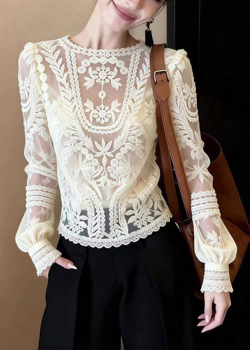 Classy White O-Neck Hollow Out Lace Shirt Spring - Image 3