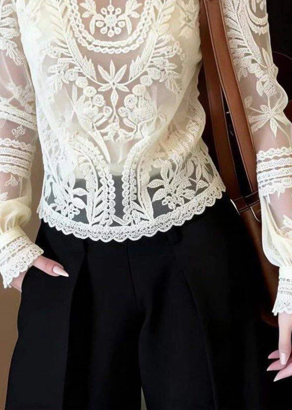 Classy White O-Neck Hollow Out Lace Shirt Spring - Image 4
