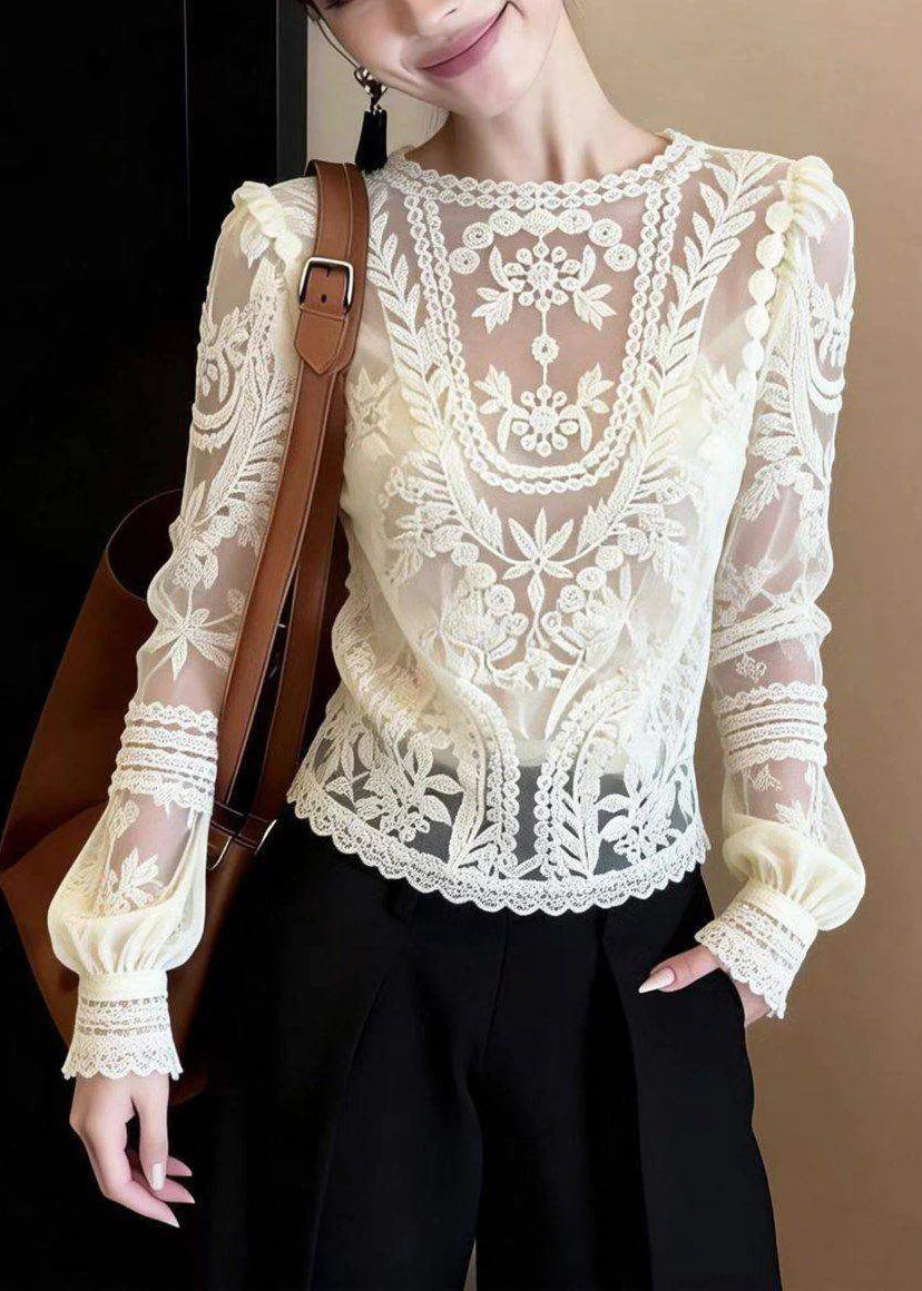 Classy White O-Neck Hollow Out Lace Shirt Spring - Image 5