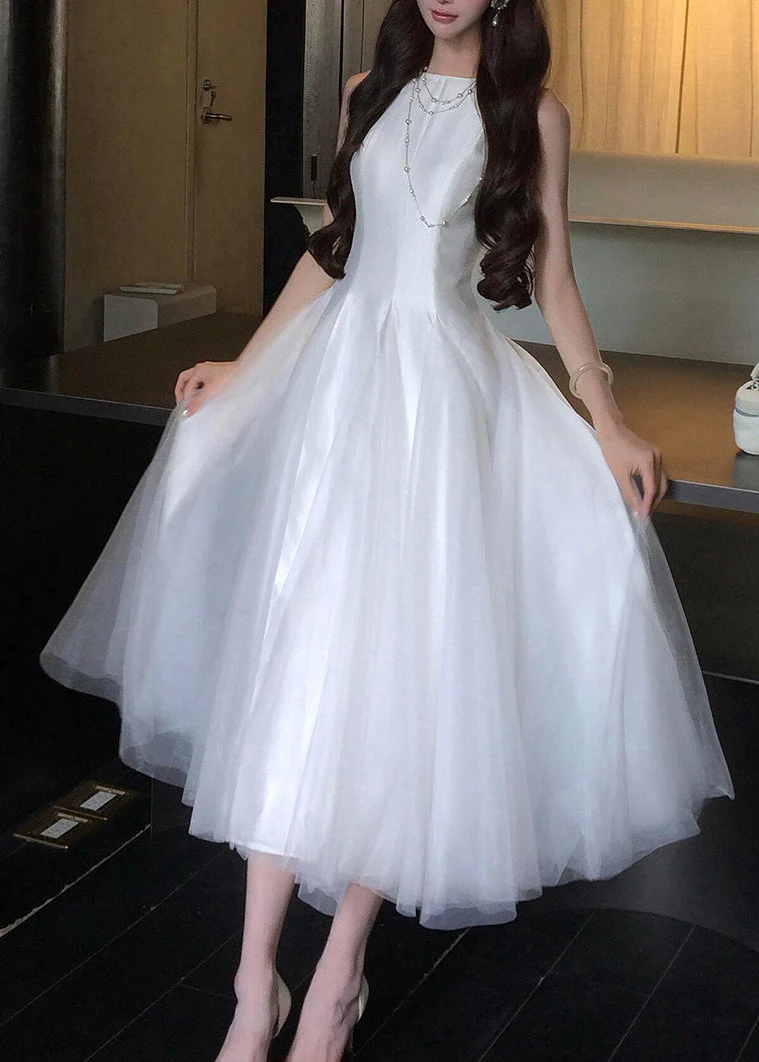 Classy White O-Neck Patchwork Tulle Long Dress Summer - Image 2