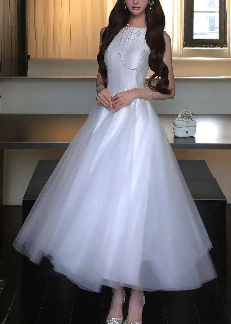 Classy White O-Neck Patchwork Tulle Long Dress Summer - Image 3