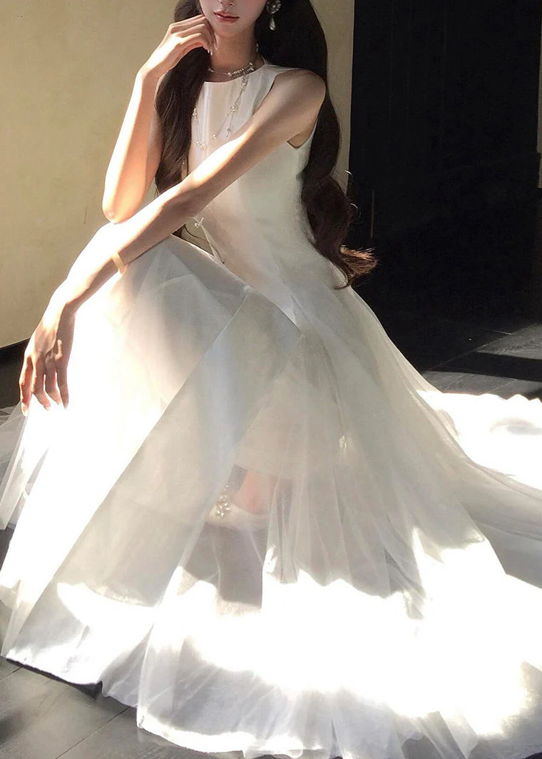 Classy White O-Neck Patchwork Tulle Long Dress Summer - Image 4