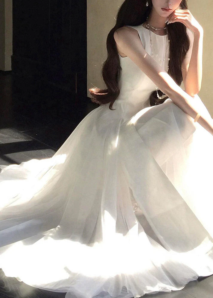 Classy White O-Neck Patchwork Tulle Long Dress Summer - Image 5