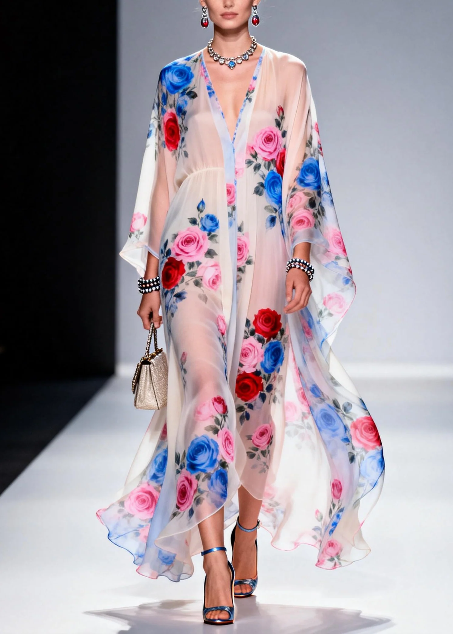 Classy White Oversized Floral Print Chiffon Sheer Dresses Summer
