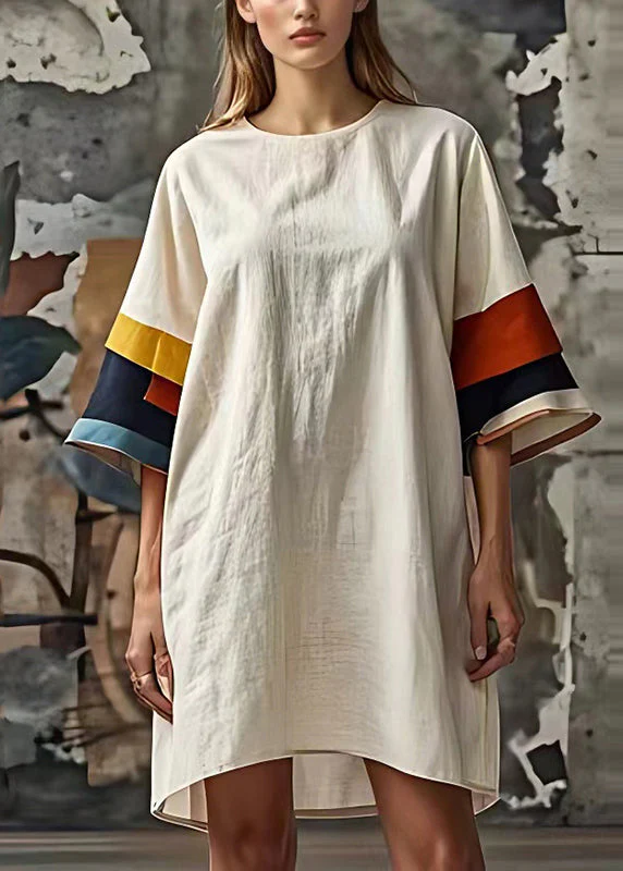 Classy White Oversized Patchwork Cotton Mid Dress Summer - Image 2