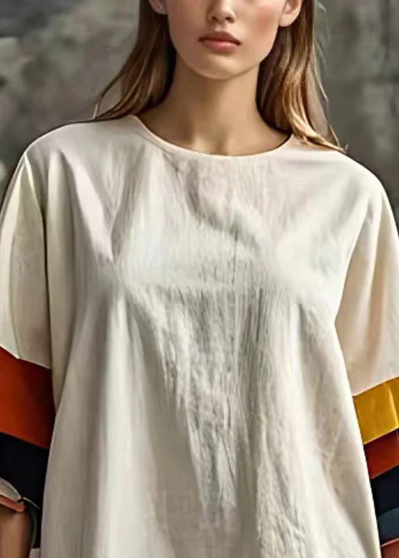 Classy White Oversized Patchwork Cotton Mid Dress Summer - Image 3