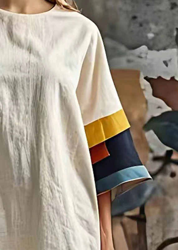 Classy White Oversized Patchwork Cotton Mid Dress Summer - Image 4
