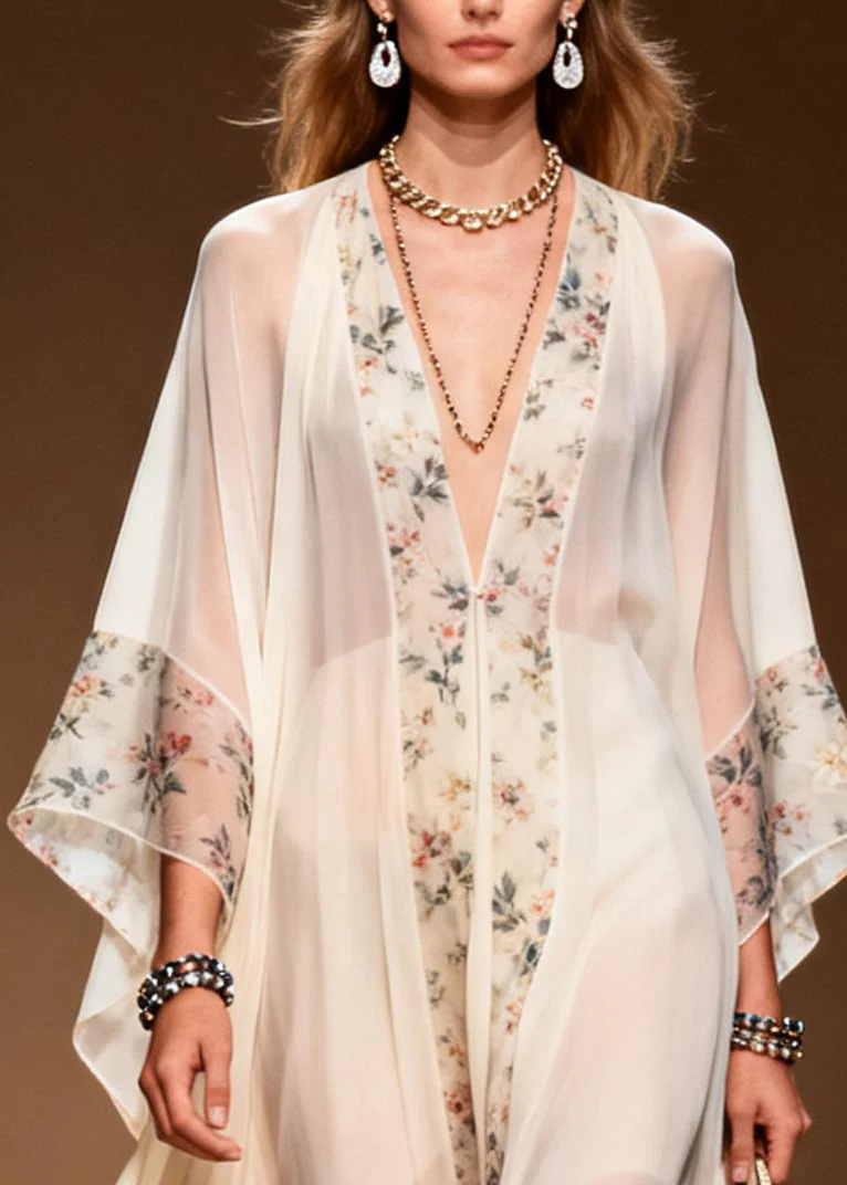 Classy White Oversized Patchwork Print Chiffon Holiday Dress Summer - Image 2