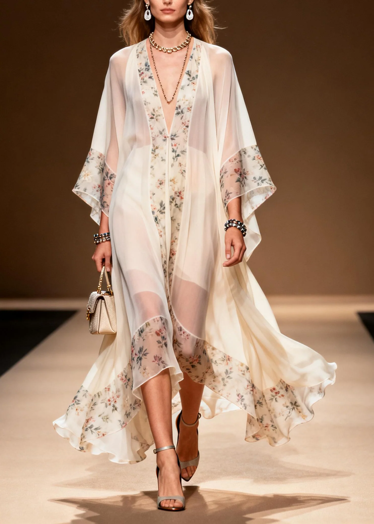 Classy White Oversized Patchwork Print Chiffon Holiday Dress Summer - Image 3