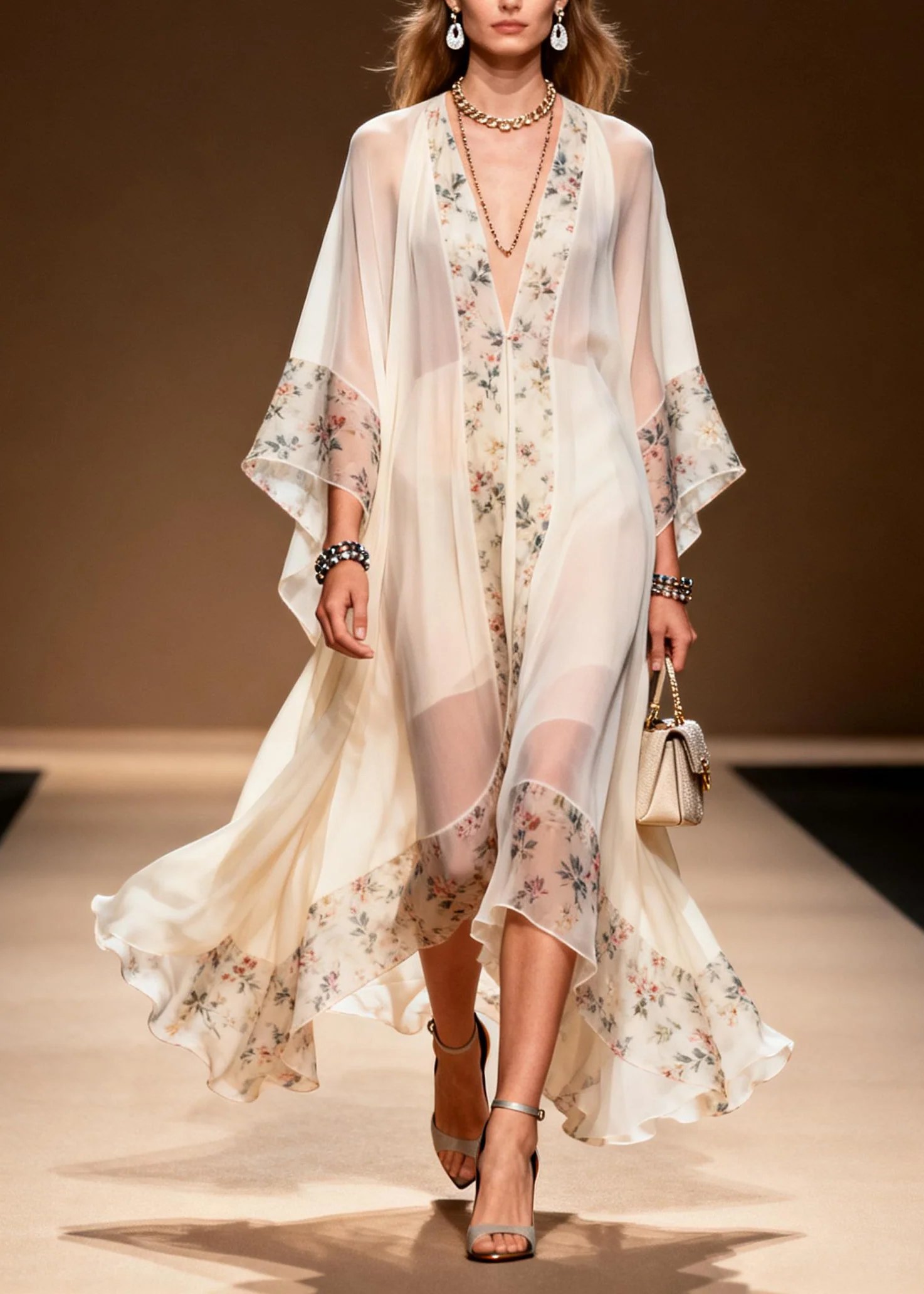 Classy White Oversized Patchwork Print Chiffon Holiday Dress Summer - Image 5